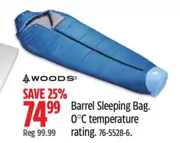 Canadian Tire WOODS Barrel Sleeping Bag O°C temperature rating offer
