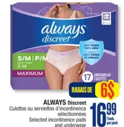 Jean Coutu ALWAYS Discreet Selected incontinence pads offer