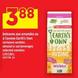 Maxi BOISSONS AUX AMANDES OU À L'AVOINE EARTH'S OWN | ALMOND OR OAT BEVERAGES, 1,75/1 offer
