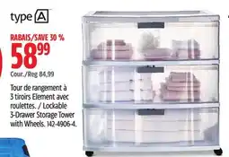 Canadian Tire Lockable 3-Drawer Storage Tower with Wheels offer