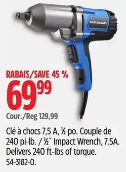 Canadian Tire Mastercraft 1⁄2˝ Impact Wrench, 7.5A. Delivers 240 ft-lbs of torque offer