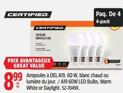 Canadian Tire Certified A19 60W LED Bulbs, Warm White or Daylight offer