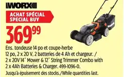 Canadian Tire Worx 2 x 20V 14 Mower & 12 String Trimmer Combo with 2 x 4Ah Batteries & Charger offer