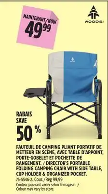 Canadian Tire WOODS DIRECTOR'S PORTABLE FOLDING CAMPING CHAIR WITH SIDE TABLE, CUP HOLDER & ORGANIZER POCKET offer