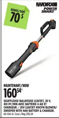 Canadian Tire WORX 20V LEAFJET 410CFM BLOWER/SWEEPER WITH 4AH BATTERY & CHARGER offer