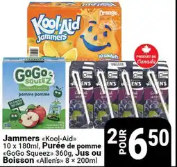 Pasquier Jammers Kool-Aid, 10 x 180ml, Purée de pomme GoGo Squeez, 360g, Jus ou Boisson Allens, 8 x 200ml offer