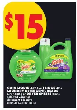 No Frills GAIN LIQUID, 4.25 L or FLINGS, 42's LAUNDRY DETERGENT, BEADS, 598/680 g or DRYER SHEETS, 240's offer