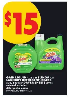 No Frills GAIN LIQUID, 4.25 L or FLINGS, 42's LAUNDRY DETERGENT, BEADS, 598/680 g or DRYER SHEETS, 240's offer