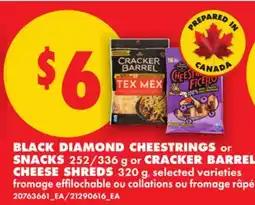 No Frills BLACK DIAMOND CHEESTRINGS or SNACKS, 252/336 g or CRACKER BARREL CHEESE SHREDS offer