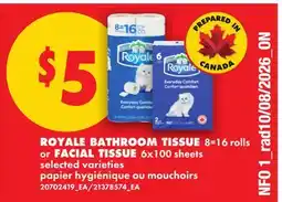 No Frills ROYALE BATHROOM TISSUE, 8=16 rolls or FACIAL TISSUE, 6x100 sheets offer