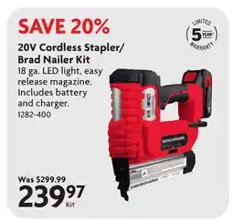 Home Hardware 20V Cordless Stapler/Brad Nailer Kit offer