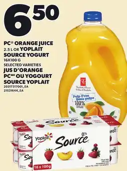Independent Grocer PC ORANGE JUICE, 2.5 L OR YOPLAIT SOURCE YOGURT offer