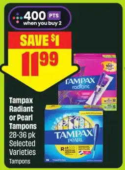 FreshCo Tampax Radiant or Pearl Tampons 28-36 pk Selected Varieties offer