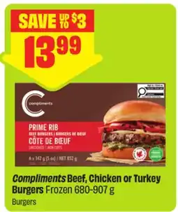 FreshCo Compliments Beef, Chicken or Turkey Burgers Frozen offer