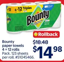Walmart Bounty paper towels 4 = 12 rolls offer