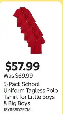Walmart 5-Pack School Uniform Tagless Polo Tshirt for Little Boys & Big Boys offer