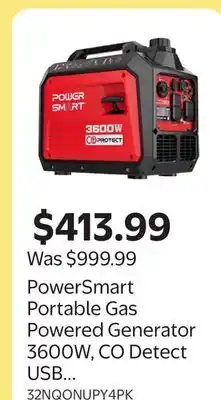 Walmart PowerSmart Portable Gas Powered Generator 3600W, CO Detect USB Output, Low Noise for Camping & Home offer