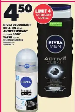 Loblaws NIVEA DEODORANT ROLL-ON, 50 ML ANTIPERSPIRANT, 51/52 OR BODY WASH 500 ML offer