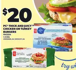 Loblaws PC THICK AND JUICY CHICKEN OR TURKEY BURGERS offer