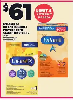 Loblaws ENFAMIL A+ INFANT FORMULA POWDER REFIL STAGE 1 OR STAGE 2, 992 G offer