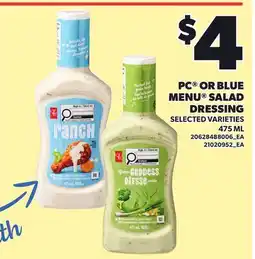 Loblaws PC OR BLUE MENU SALAD DRESSING offer
