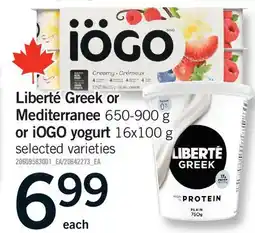 Fortinos LIBERTÉ GREEK OR MEDITERRANEE, 650-900 G OR IOGO YOGURT, 16X100 G offer