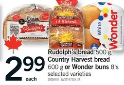 Fortinos RUDOLPH'S BREAD, 500 G, COUNTRY HARVEST BREAD, 600 G OR WONDER BUNS, 8'S offer