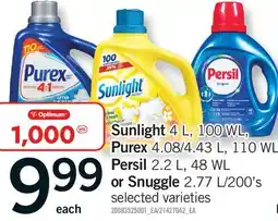 Fortinos SUNLIGHT 4 L, 100 WL, PUREX 4.08/4.43 L, 110 WL, PERSIL 2.2 L, 48 WL OR SNUGGLE 2.77 L/200'S offer