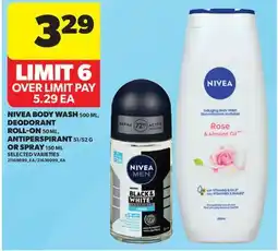Real Canadian Superstore NIVEA BODY WASH, 500 ML, DEODORANT ROLL-ON, 50 ML, ANTIPERSPIRANT, 51/52 G OR SPRAY, 150 ML offer