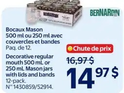 Walmart BERNARDIN Decorative regular mouth 500mL or 250 mL Mason jars with lids and bands offer