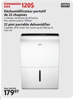 Home Hardware 22 pint portable dehumidifier 2 speeds, 24 hr timer. For rooms up to 1500 sq. ft offer