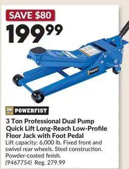 Princess Auto 3 Ton Professional Dual Pump Quick LiftLong-Reach Low-Profile Floor Jack with Foot Pedal offer