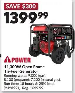 Princess Auto 11,300W Open Frame Tri-Fuel Generator offer