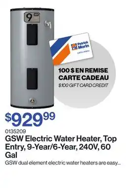 Patrick Morin Electric Water Heater, Top Entry, 9-Year/6-Year, 240V, 60 Gal offer