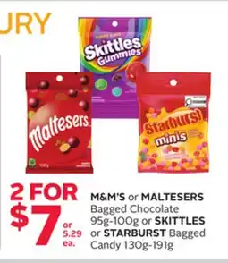Rexall M&M'S or MALTESERS Bagged Chocolate 95g-100g or SKITTLES or STARBURST Bagged Candy 130g-191g offer