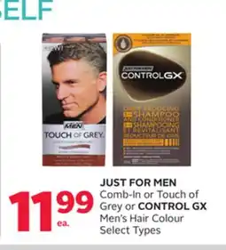 Rexall JUST FOR MEN Comb-In or Touch of Grey or CONTROL GX Men's Hair Colour offer
