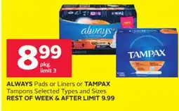 Rexall ALWAYS Pads or Liners or TAMPAX Tampons offer