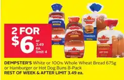 Rexall DEMPSTER'S White or 100% Whole Wheat Bread 675g or Hamburger or Hot Dog Buns 8-Pack offer