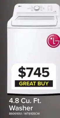 Leon's LG White Top Load Washer with Agitator and SlamProof Glass Lid (4.8 Cu. Ft) -WT6105CW offer