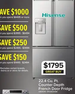 Leon's Hisense 36 22.4 Cu. Ft. Stainless Steel Smart Counter-Depth French Door Refrigerator - RF225C3CSEI offer