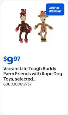 Walmart Vibrant Life Tough Buddy Farm Friends with Rope Dog Toys, selected varieties offer