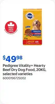 Walmart Pedigree Vitality+ Hearty Beef Dry Dog Food, 20KG, selected varieties offer