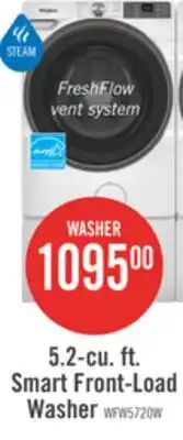 The Brick Whirlpool 5.2 Cu. Ft. Smart Front-Load Washer with FreshFlow Vent System - White - WFW5720RW offer