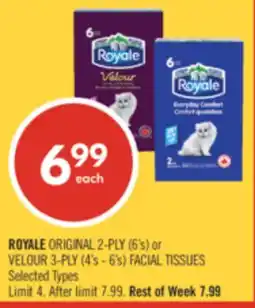 Shoppers Drug Mart ROYALE ORIGINAL 2-PLY (6's) or VELOUR 3-PLY (4's - 6's) FACIAL TISSUES offer
