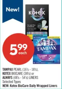 Shoppers Drug Mart TAMPAX PEARL (16's - 18's), KOTEX BIOCARE (38's) or ALWAYS (48's - 54's) LINERS offer