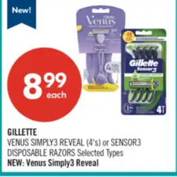 Shoppers Drug Mart GILLETTE VENUS SIMPLY3 REVEAL (4's) or SENSOR3 DISPOSABLE RAZORS offer
