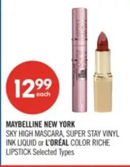 Shoppers Drug Mart MAYBELLINE NEW YORK SKY HIGH MASCARA, SUPER STAY VINYL INK LIQUID or L'ORÉAL COLOR RICHE LIPSTICK offer