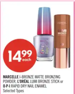 Shoppers Drug Mart MARCELLE I-BRONZE MATTE BRONZING POWDER, L'ORÉAL LUMI BRONZE STICK or O·P·I RAPID DRY NAIL ENAMEL offer