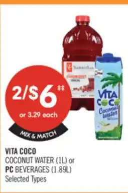 Shoppers Drug Mart VITA COCO COCONUT WATER (IL) or PC BEVERAGES (1.89L) offer