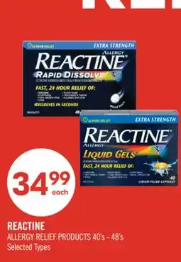Shoppers Drug Mart REACTINE ALLERGY RELIEF PRODUCTS 40's - 48's offer